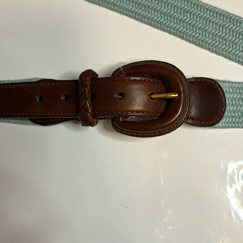 TALBOTS SKY BLUE CLOTH BELT WITH DARK BROWN LEATHER SIZE LARGE…47” LONG…1” WIDE